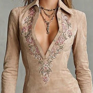 Vestido Midi Beige Slim con Cuello Solapa y Flores