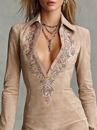 Vestido Midi Beige Slim con Cuello Solapa y Flores