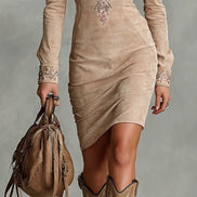 Vestido Midi Beige Slim con Cuello Solapa y Flores