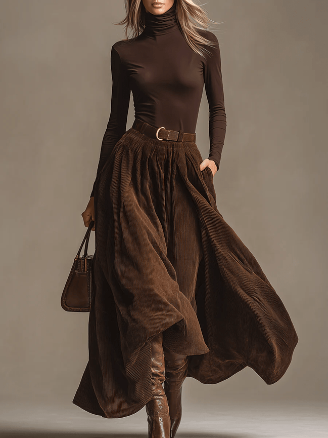 Conjunto Top Marrón Oscuro de Cuello Alto y Falda de Pana