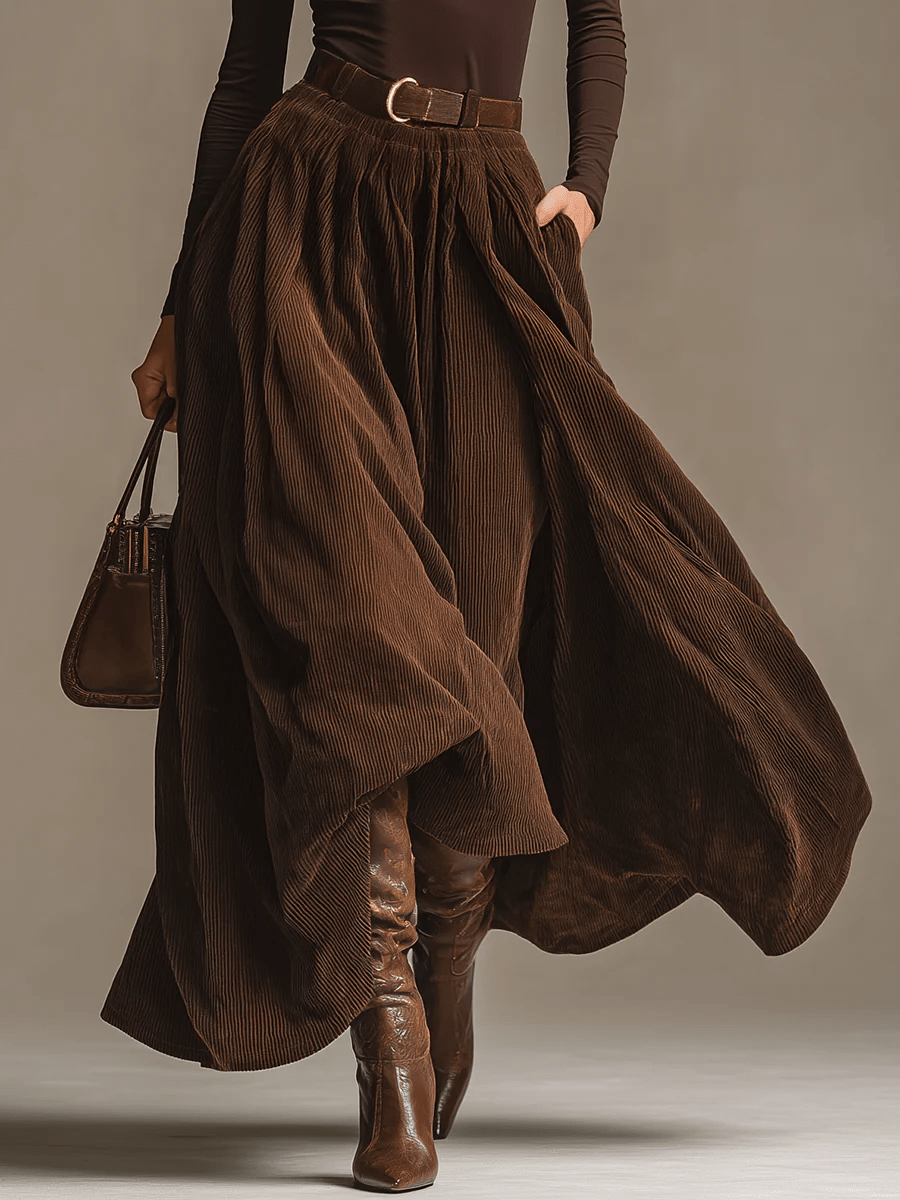 Conjunto Top Marrón Oscuro de Cuello Alto y Falda de Pana