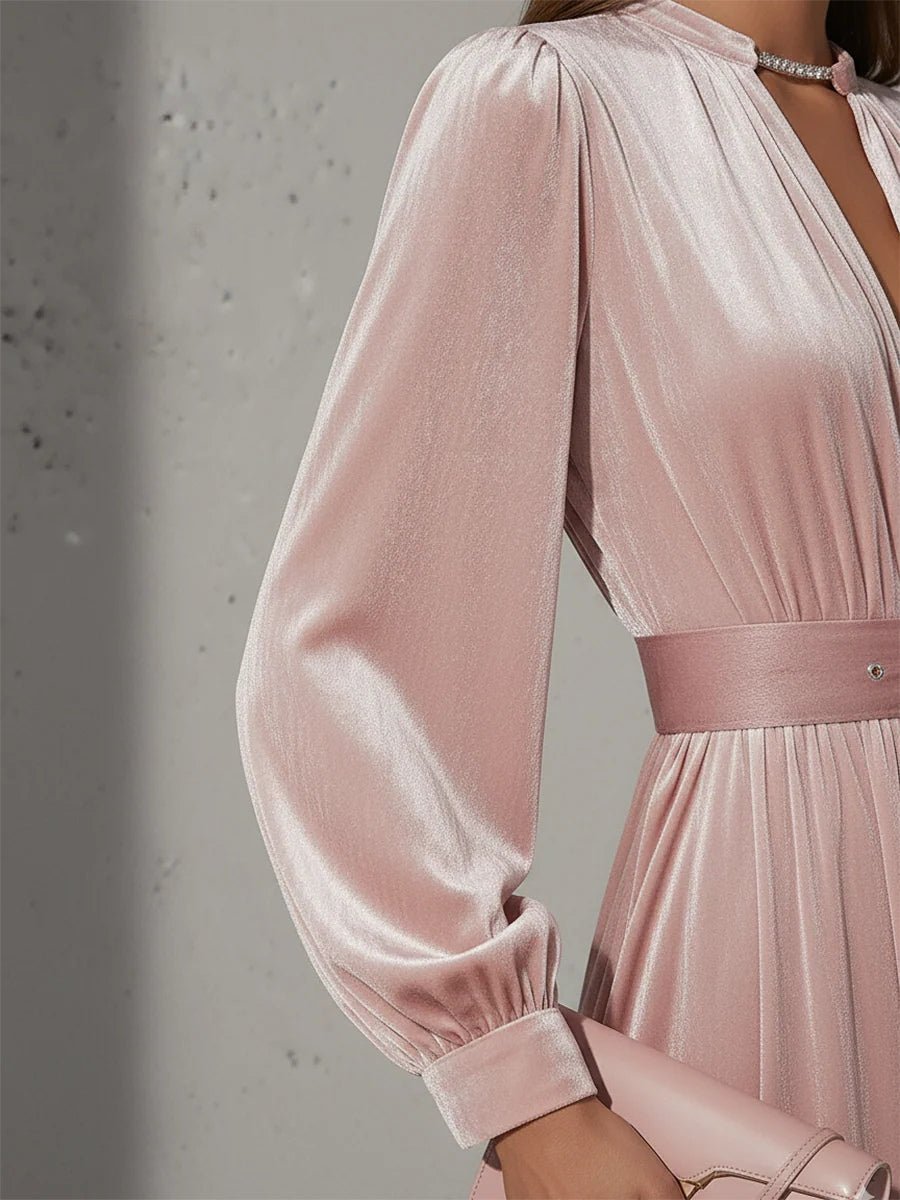 Vestido Maxi de Terciopelo Rosa Palo Elegante con Escote en V