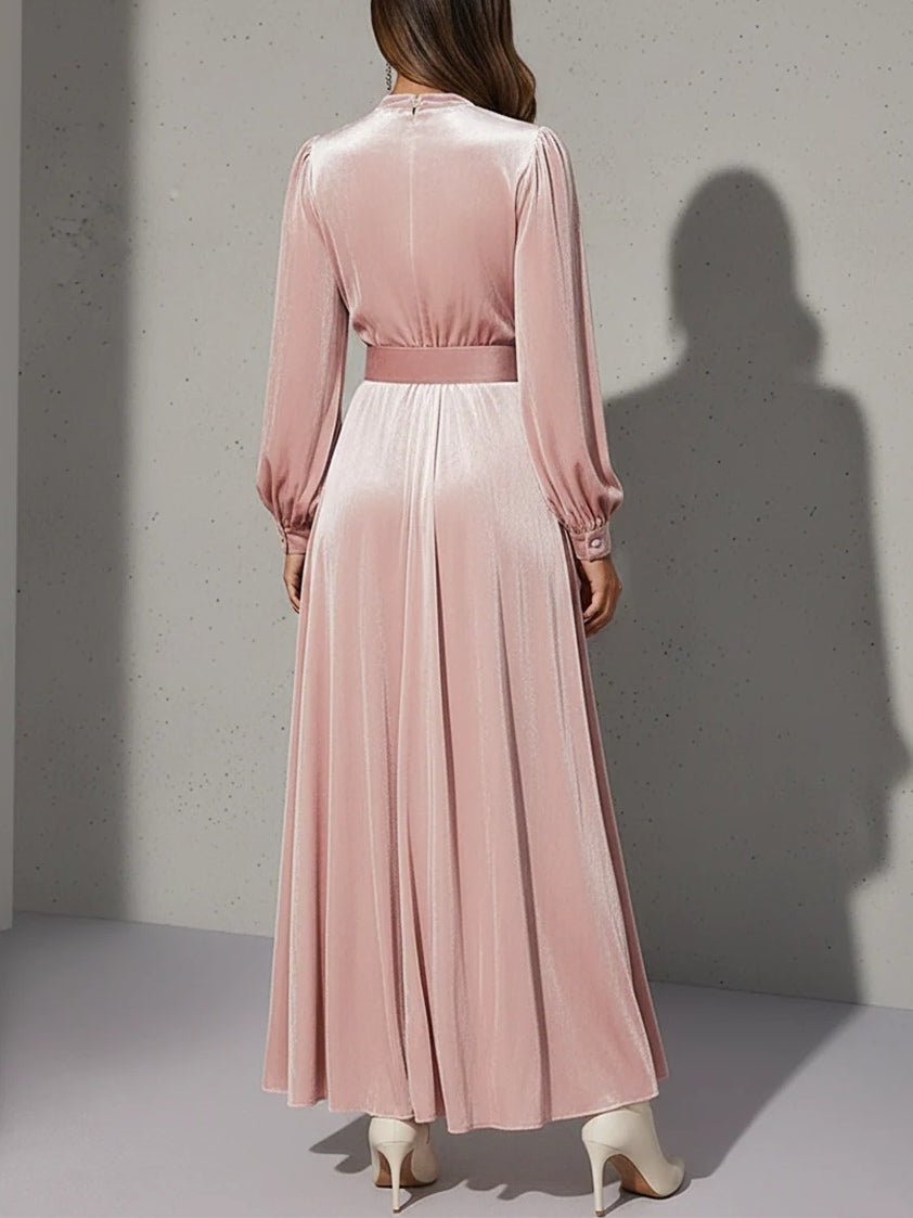 Vestido Maxi de Terciopelo Rosa Palo Elegante con Escote en V