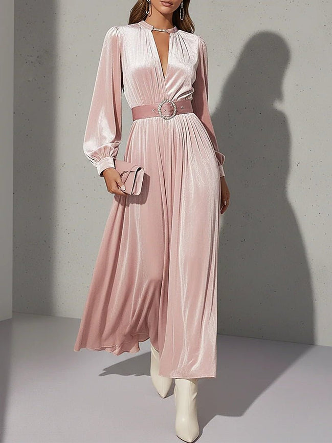 Vestido Maxi de Terciopelo Rosa Palo Elegante con Escote en V