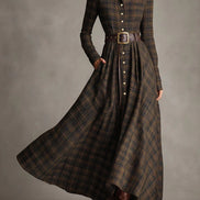 Vestido Largo de Camisa a Cuadros Marrón y Negro con Cuello Solapa