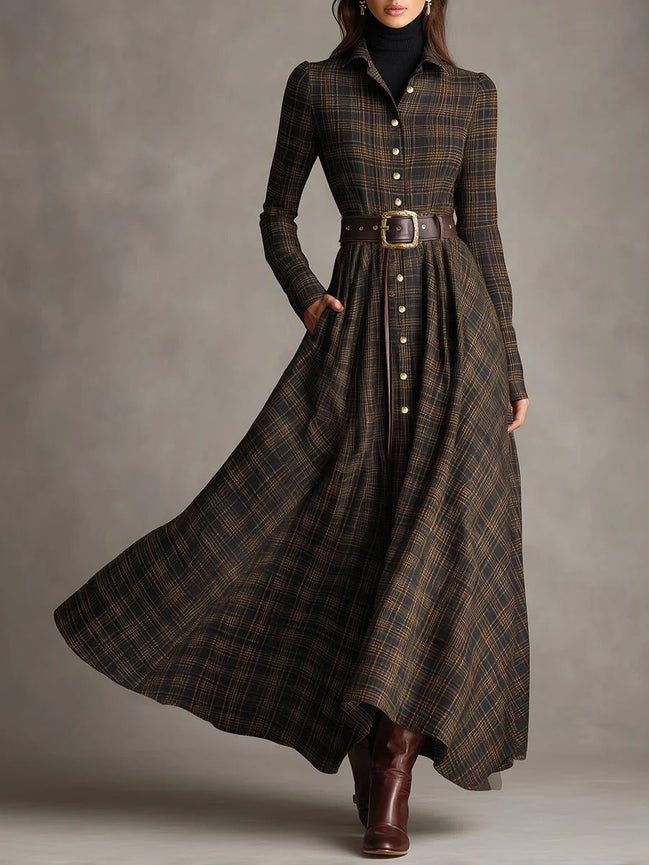 Vestido Largo de Camisa a Cuadros Marrón y Negro con Cuello Solapa
