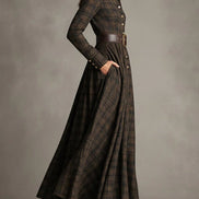 Vestido Largo de Camisa a Cuadros Marrón y Negro con Cuello Solapa