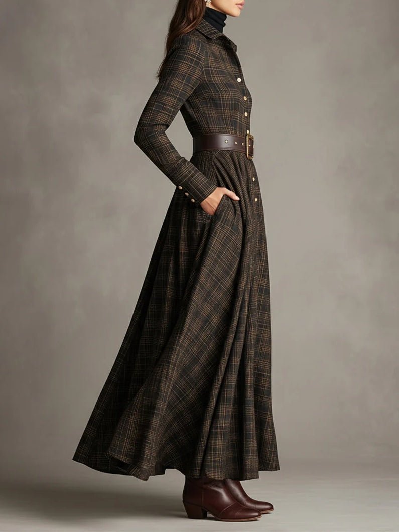 Vestido Largo de Camisa a Cuadros Marrón y Negro con Cuello Solapa