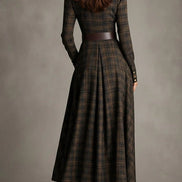 Vestido Largo de Camisa a Cuadros Marrón y Negro con Cuello Solapa