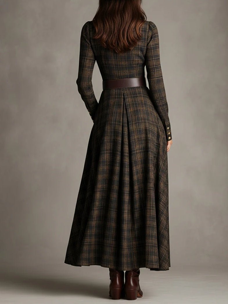 Vestido Largo de Camisa a Cuadros Marrón y Negro con Cuello Solapa