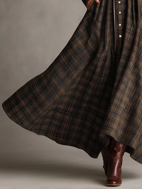 Vestido Largo de Camisa a Cuadros Marrón y Negro con Cuello Solapa