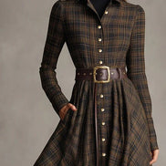 Vestido Largo de Camisa a Cuadros Marrón y Negro con Cuello Solapa