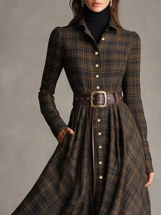 Vestido Largo de Camisa a Cuadros Marrón y Negro con Cuello Solapa