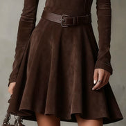 Vestido Mini Vintage de Ante Marrón Oscuro con Cuello Mao