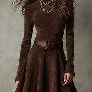 Vestido Mini Vintage de Ante Marrón Oscuro con Cuello Mao