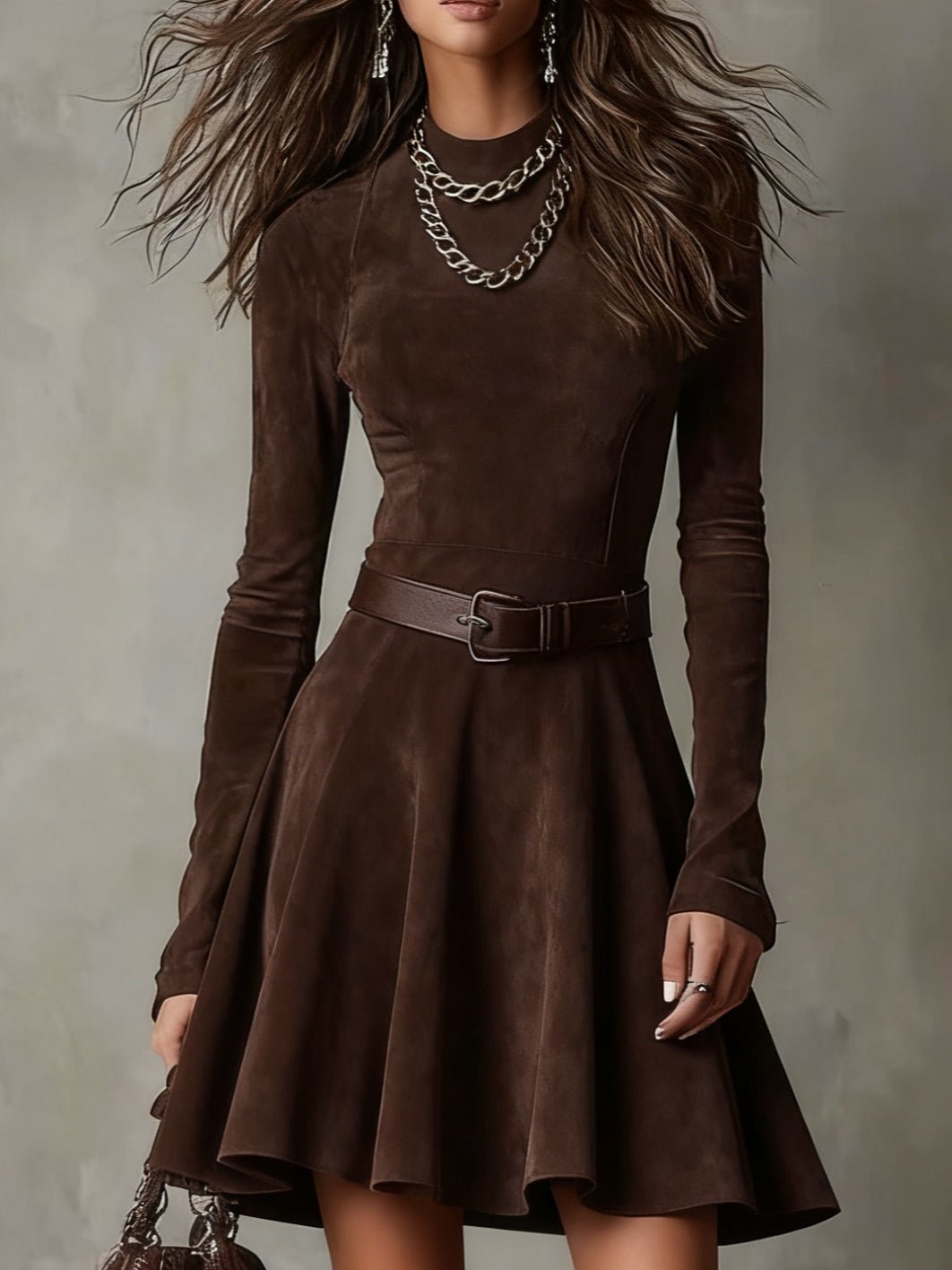 Vestido Mini Vintage de Ante Marrón Oscuro con Cuello Mao