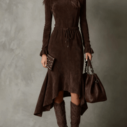 Vestido Midi de Ante Marrón Oscuro Elegante con Cordón y Corte Irregular