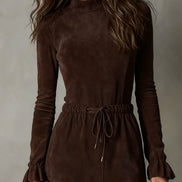 Vestido Midi de Ante Marrón Oscuro Elegante con Cordón y Corte Irregular