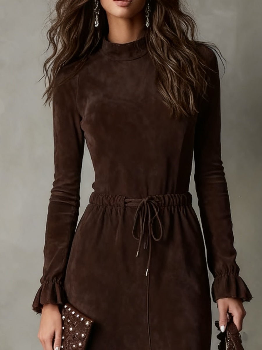 Vestido Midi de Ante Marrón Oscuro Elegante con Cordón y Corte Irregular