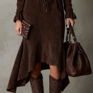 Vestido Midi de Ante Marrón Oscuro Elegante con Cordón y Corte Irregular