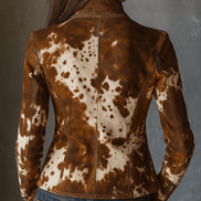 Chaqueta Vintage de Ante Sintético con Estampado de Vaca y Cuello Mao