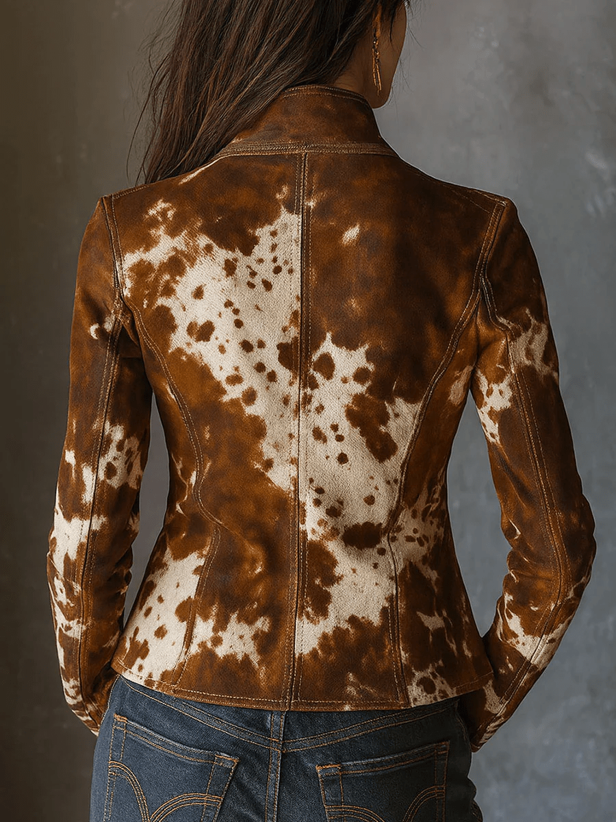 Chaqueta Vintage de Ante Sintético con Estampado de Vaca y Cuello Mao