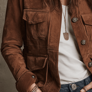 Chaqueta Vintage Marrón de Ante con Múltiples Bolsillos