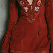Vestido Mini Retro Rojo Óxido de Ante con Manga Campana y Encaje