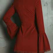 Vestido Mini Retro Rojo Óxido de Ante con Manga Campana y Encaje