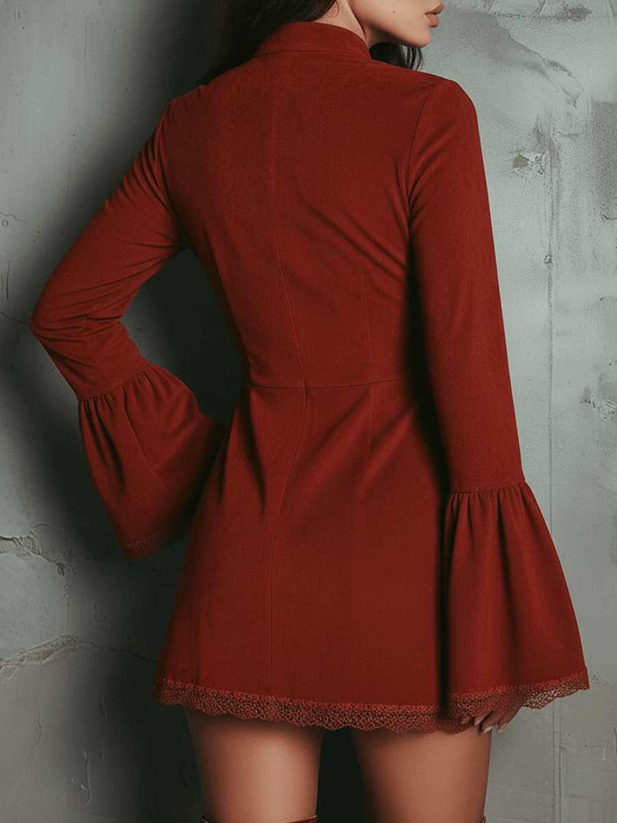 Vestido Mini Retro Rojo Óxido de Ante con Manga Campana y Encaje