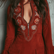 Vestido Mini Retro Rojo Óxido de Ante con Manga Campana y Encaje