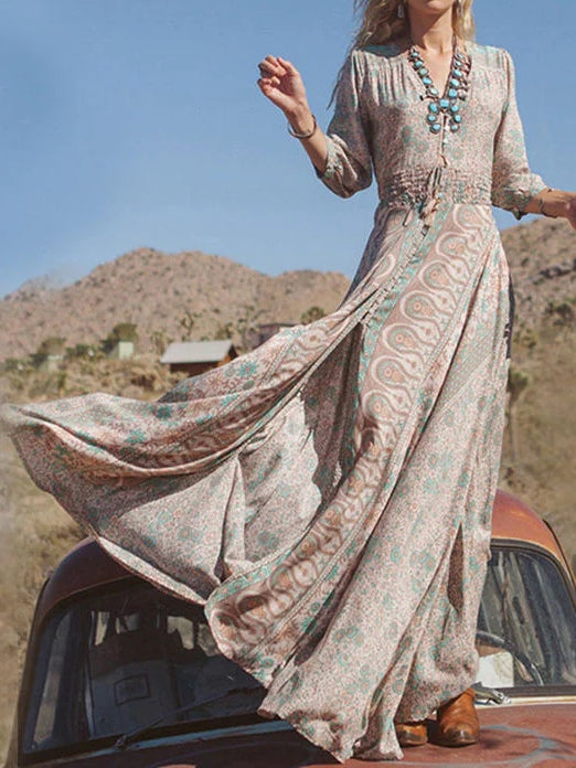 Vestido Maxi Boho Estampado con Abertura, Estilo Western