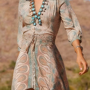Vestido Maxi Boho Estampado con Abertura, Estilo Western