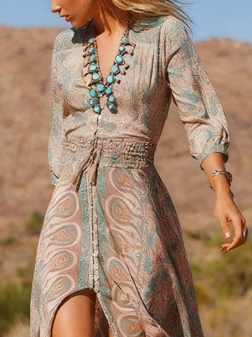 Vestido Maxi Boho Estampado con Abertura, Estilo Western