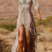 Vestido Maxi Boho Estampado con Abertura, Estilo Western