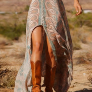 Vestido Maxi Boho Estampado con Abertura, Estilo Western