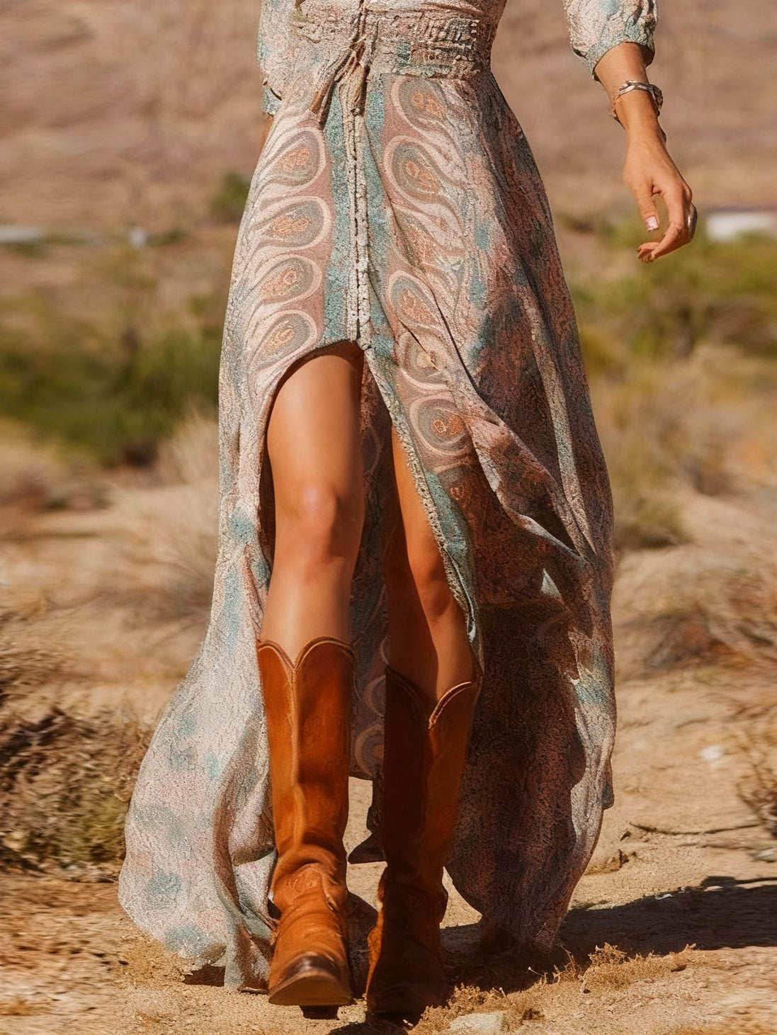 Vestido Maxi Boho Estampado con Abertura, Estilo Western