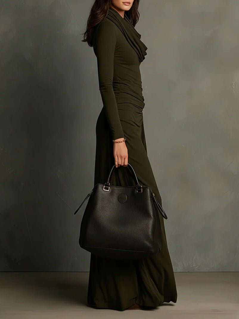 Vestido Maxi Verde Oliva de Punto con Cuello Alto y Plisado