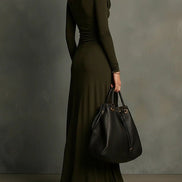 Vestido Maxi Verde Oliva de Punto con Cuello Alto y Plisado