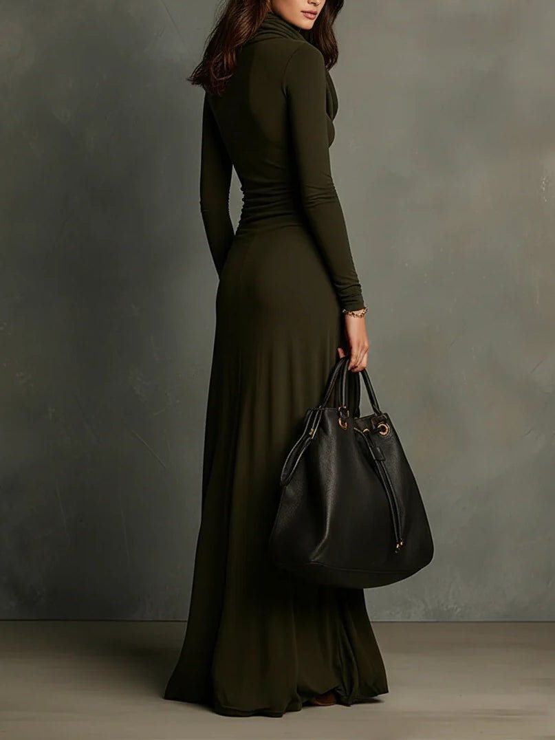 Vestido Maxi Verde Oliva de Punto con Cuello Alto y Plisado