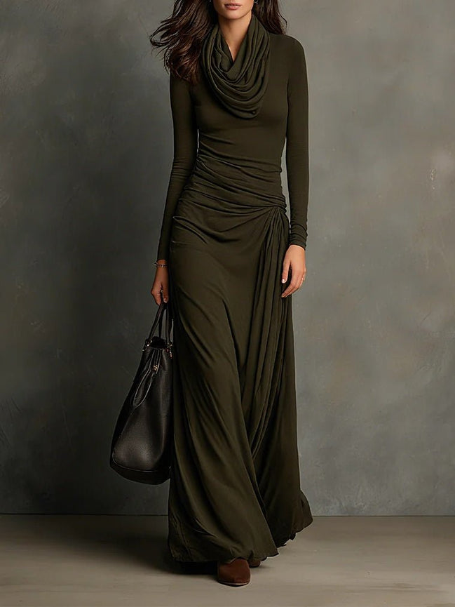 Vestido Maxi Verde Oliva de Punto con Cuello Alto y Plisado