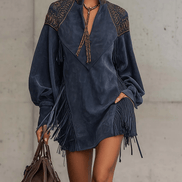 Vestido Mini de Ante Sintético Índigo con Bordado y Flecos
