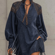 Vestido Mini de Ante Sintético Índigo con Bordado y Flecos