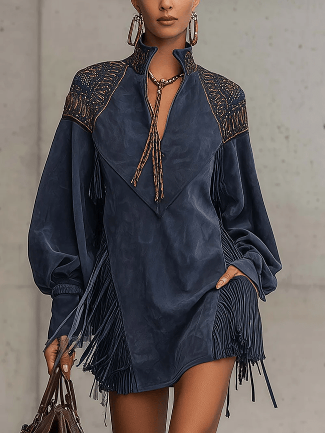 Vestido Mini de Ante Sintético Índigo con Bordado y Flecos