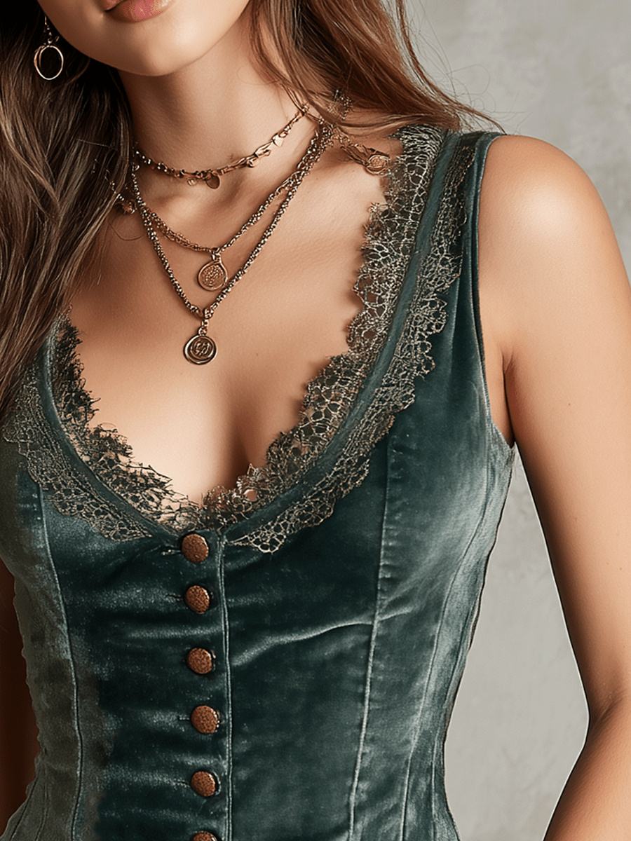 Chaleco de Terciopelo Vintage sin Mangas con Cuello de Encaje