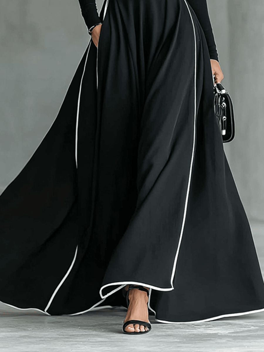 Vestido Maxi Negro con Cuello Alto Manga Larga y Cinturón
