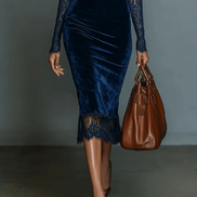 Vestido Midi de Terciopelo Elegante con Escote en V y Encaje