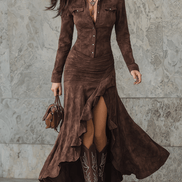 Vestido Maxi Retro con Bajo Irregular y Volantes