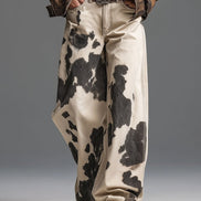 Pantalón Ancho Retro Western con Estampado de Vaca
