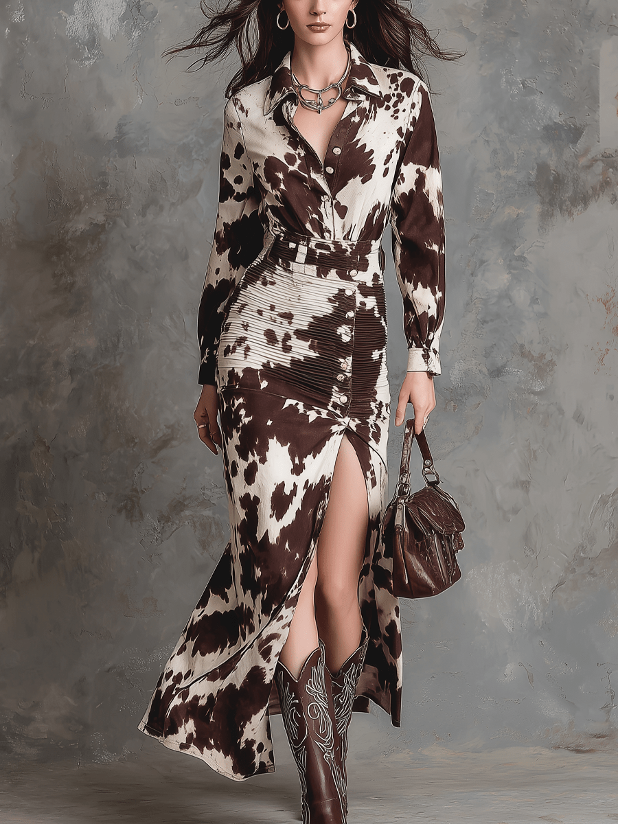 Vestido Midi Vintage Estilo Camisa con Estampado de Vaca